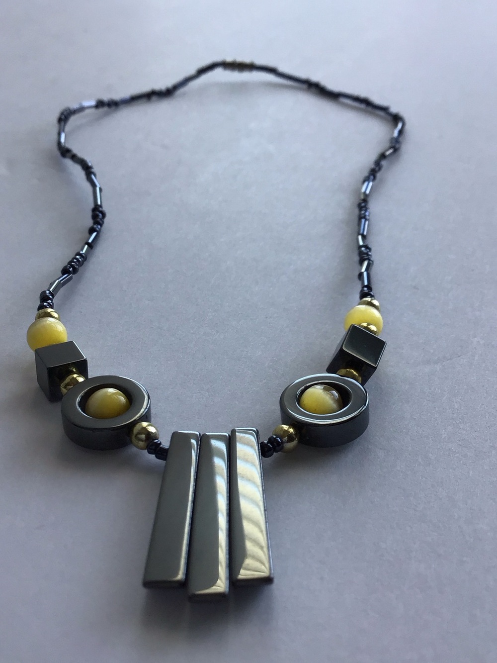 Hematite Handcrafted Yellow and Black Bead Pendant Necklace